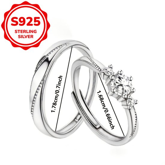 Sjika - S925 Sterling Silver Plated Unisex Koppelring Set – Trouwringen / Verlovingsringen / Vriendschapsringen - One Size – 2-Delige Ringenset met Zirkonia - Cadeau