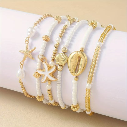 Sjika - Armbanden Set – 6 stuks – Schelp, Zeester & Parels – Boho Sieraden voor Dames