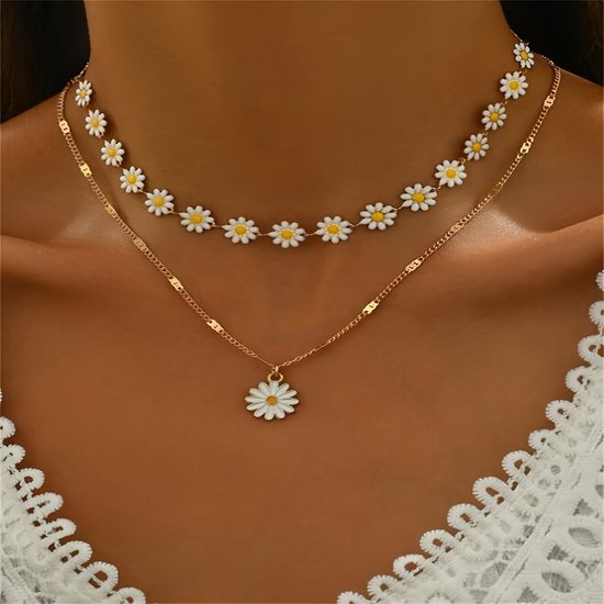 Sjika - Dames Ketting Set met Madeliefjes – 2 Delige Choker & Halsketting – Bloemen Ketting Goudkleurig – Trendy Zomer Sieraden - Cadeau voor haar