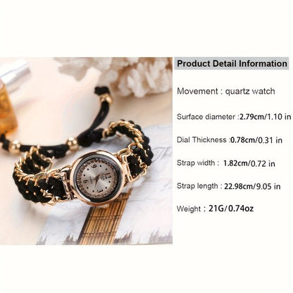 Sjika - Trendy Goudkleurig Dames Horloge – Armband Stijl – Quartz Uurwerk – Zwart Vlechtkoord & Kristallen - Cadeau voor haar