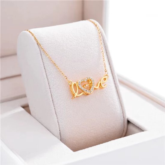 Sjika - Love Ketting Dames Goudkleurig – Hartjes Ketting met Strass Steentjes – Elegante Liefde Ketting – Trendy Dames Sieraden - Cadeau voor haar