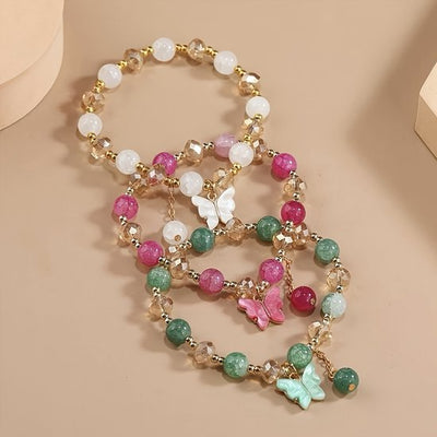 Sjika - Dames Armbandenset – 3 Delige Kralen Armbanden met Vlinders – Boho Armband Set – Elastisch – Trendy Sieraden - Cadeau voor haar
