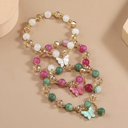 Sjika - Dames Armbandenset – 3 Delige Kralen Armbanden met Vlinders – Boho Armband Set – Elastisch – Trendy Sieraden - Cadeau voor haar