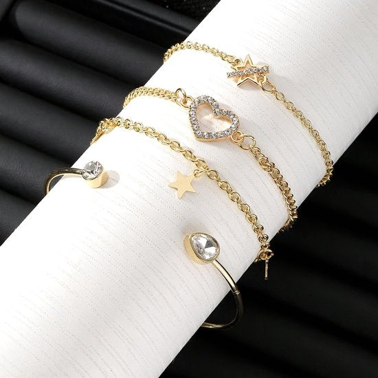 Sjika - Gouden Armbandenset Dames – 5 Delige Set met Hartje, Sterren & Zirkonia – Luxe Layered Armbanden – Verstelbaar - Cadeau voor haar