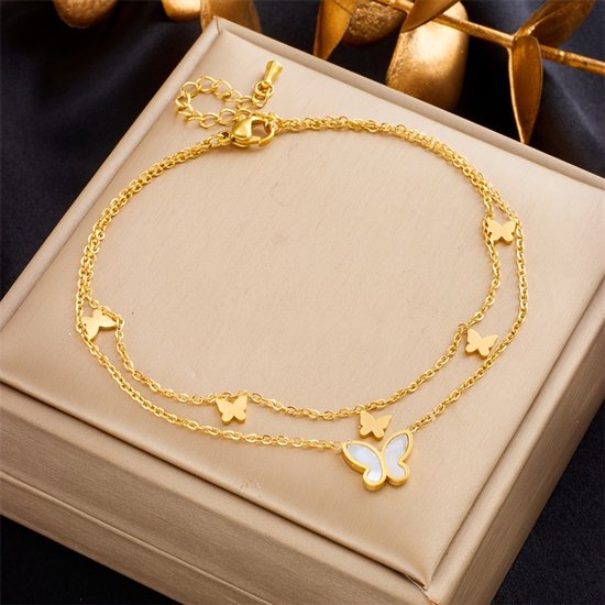 Sjika - Trendy Enkelbandje Dames – 18K Gold Plated Dubbele Enkelketting met Vlinderbedel - Cadeau