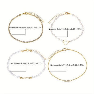 Sjika - Gouden Armbandenset Dames – 4 Delige Set met Parels, Hartje & Zirkonia – Luxe Layered Armbanden – Verstelbaar - Cadeau voor haar