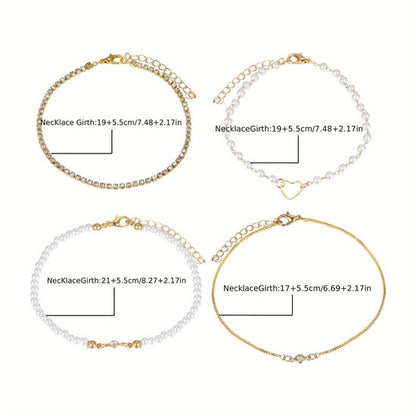 Sjika - Gouden Armbandenset Dames – 4 Delige Set met Parels, Hartje & Zirkonia – Luxe Layered Armbanden – Verstelbaar - Cadeau voor haar
