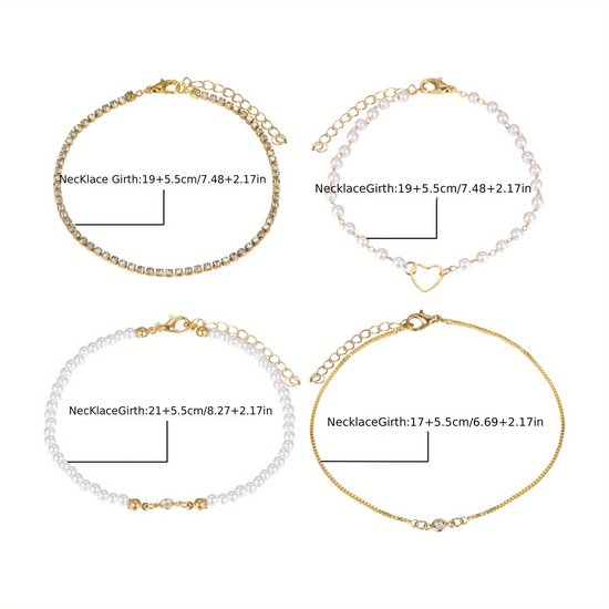 Sjika - Gouden Armbandenset Dames – 4 Delige Set met Parels, Hartje & Zirkonia – Luxe Layered Armbanden – Verstelbaar - Cadeau voor haar