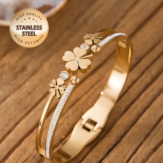 Sjika - Gold Plated Armband Dames – Klavertje Vier – Zirkonia – Geluksarmband – Luxe Cadeau