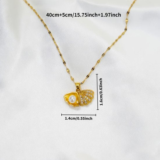 Sjika - Dames Ketting Goudkleurig met Schelp & Parel Hanger – Elegante Halsketting – Trendy Minimalistische Sieraden – Cadeau voor Haar
