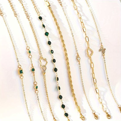 Sjika - Armbandenset Dames Goud – 8 Delige Armbanden Set – Fijne Minimalistische Armbandjes met Bedels & Steentjes – Verstelbaar - Cadeau voor haar