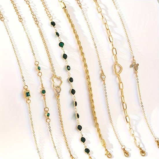 Sjika - Armbandenset Dames Goud – 8 Delige Armbanden Set – Fijne Minimalistische Armbandjes met Bedels & Steentjes – Verstelbaar - Cadeau voor haar