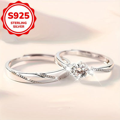 Sjika - S925 Sterling Silver Plated Unisex Koppelring Set – Trouwringen / Verlovingsringen / Vriendschapsringen - One Size – 2-Delige Ringenset met Zirkonia - Cadeau