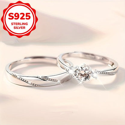 Sjika - S925 Sterling Silver Plated Unisex Koppelring Set – Trouwringen / Verlovingsringen / Vriendschapsringen - One Size – 2-Delige Ringenset met Zirkonia - Cadeau