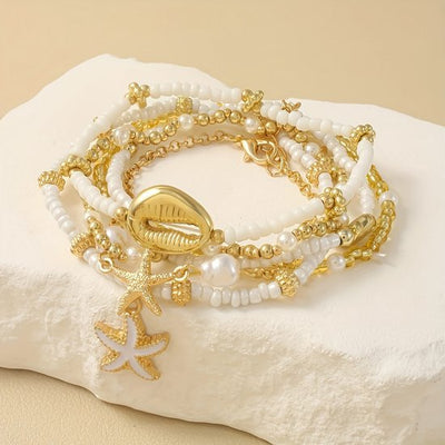 Sjika - Armbanden Set – 6 stuks – Schelp, Zeester & Parels – Boho Sieraden voor Dames