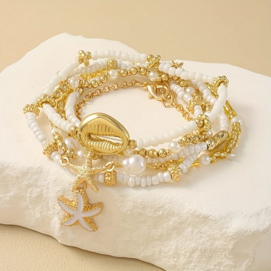 Sjika - Armbanden Set – 6 stuks – Schelp, Zeester & Parels – Boho Sieraden voor Dames