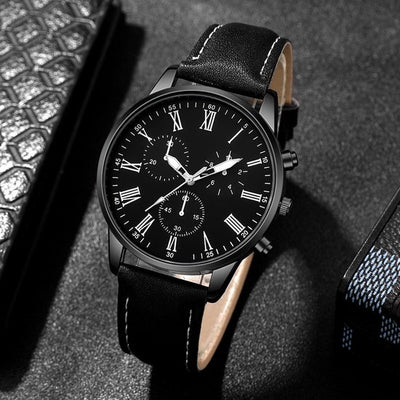 Sjika - Heren Horloge & Armbanden Set – Zwart – Leren Band – Mode Accessoire Set – Trendy & Klassiek – Cadeau voor Mannen