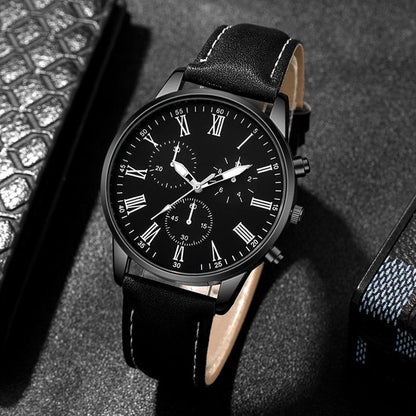Sjika - Heren Horloge & Armbanden Set – Zwart – Leren Band – Mode Accessoire Set – Trendy & Klassiek – Cadeau voor Mannen
