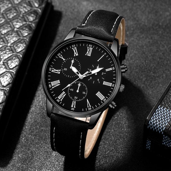 Sjika - Heren Horloge & Armbanden Set – Zwart – Leren Band – Mode Accessoire Set – Trendy & Klassiek – Cadeau voor Mannen