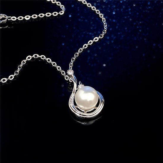 Sjika - Zilveren Ketting Dames met Parel Hanger – Elegante Ketting met Zirkonia – Luxe Sieraad – Cadeau voor Haar
