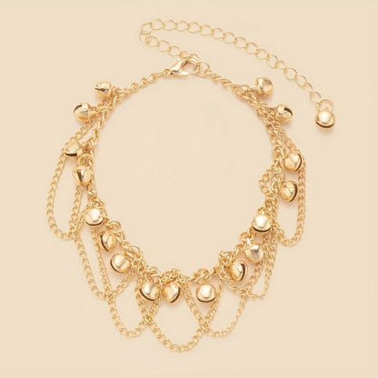 Sjika - Goudkleurige Enkelband met Hartjes & Dubbele Ketting – Luxe Layered Ankle Bracelet – Verstelbaar – Strand & Zomer Sieraad - Cadeau voor haar