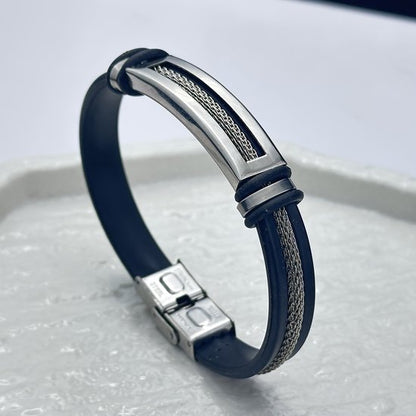 Sjika - Zilverkleurige Heren Armband – Leer & Stainless Steel – Sportief, Casual & Zakelijk – Cadeau voor hem
