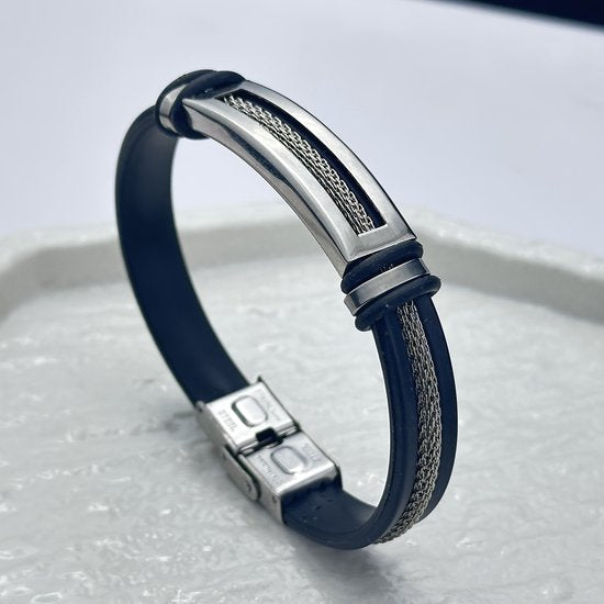 Sjika - Zilverkleurige Heren Armband – Leer & Stainless Steel – Sportief, Casual & Zakelijk – Cadeau voor hem