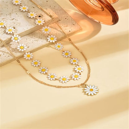 Sjika - Dames Ketting Set met Madeliefjes – 2 Delige Choker & Halsketting – Bloemen Ketting Goudkleurig – Trendy Zomer Sieraden - Cadeau voor haar