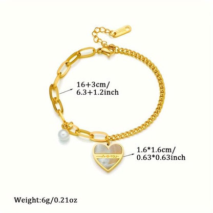 Sjika - Gouden Armband met Hart Hanger & Parel – Liefdes Armband – Verstelbaar – Luxe Dames Sieraad