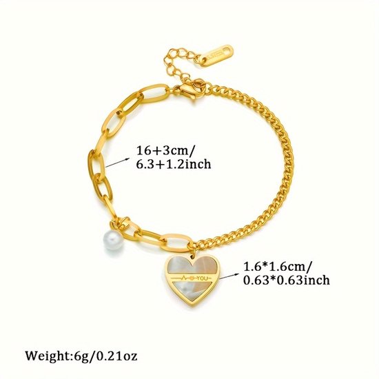 Sjika - Gouden Armband met Hart Hanger & Parel – Liefdes Armband – Verstelbaar – Luxe Dames Sieraad
