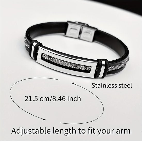 Sjika - Zilverkleurige Heren Armband – Leer & Stainless Steel – Sportief, Casual & Zakelijk – Cadeau voor hem