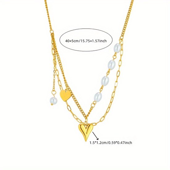 Sjika - Gold plated dubbele ketting met parels & hart hanger – Luxe damesketting – Elegant & trendy design – Perfect cadeau voor haar