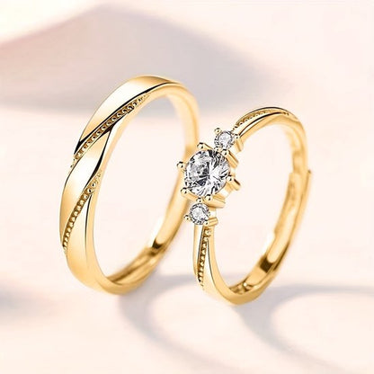 Sjika - Relatie Ringen Set – 2-delig – Goudkleurig – Zirkonia – Verstelbaar – Trouwringen / Verlovingsringen / Vriendschapsringen – Voor Koppels - Cadeau
