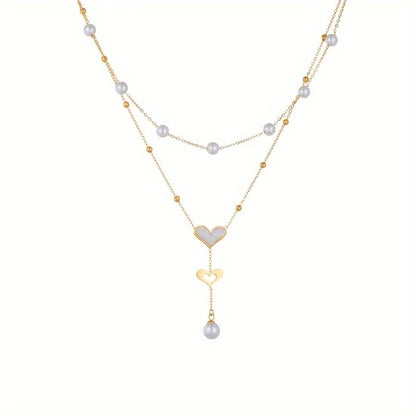 Sjika - Gold plated ketting met dubbele hart hanger & parels – Luxe damesketting – Elegant & romantisch design – Perfect cadeau voor haar