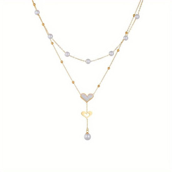 Sjika - Gold plated ketting met dubbele hart hanger & parels – Luxe damesketting – Elegant & romantisch design – Perfect cadeau voor haar