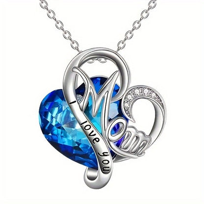 Sjika - Moeder Ketting Dames – I Love You Mom Hart Ketting met Blauwe Kristal Steen – Cadeau voor Moeder – Zilverkleurig - Cadeau voor haar