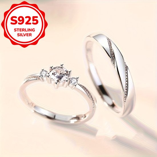 Sjika - S925 Sterling Silver Plated Unisex Koppelring Set – Trouwringen / Verlovingsringen / Vriendschapsringen - One Size – 2-Delige Ringenset met Zirkonia - Cadeau