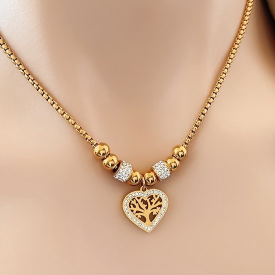 Sjika - Goudkleurige Ketting met Levensboom Hart Hanger – Luxe Dames Ketting – Symbolisch Sieraad – Perfect Cadeau voor haar