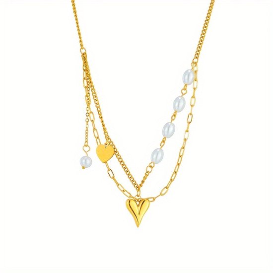 Sjika - Gold plated dubbele ketting met parels & hart hanger – Luxe damesketting – Elegant & trendy design – Perfect cadeau voor haar