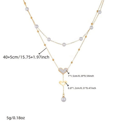 Sjika - Gold plated ketting met dubbele hart hanger & parels – Luxe damesketting – Elegant & romantisch design – Perfect cadeau voor haar