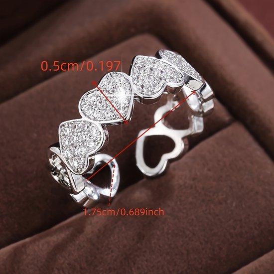Sjika - Zilveren Hartjes Ring Dames – Verstelbare Ring met Zirkonia – Romantisch Sieraad – Cadeau voor Haar