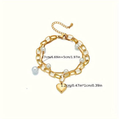 Sjika - Gold plated armband met parels & hartbedel – Luxe damesarmband – Trendy schakel design – Perfect cadeau voor haar