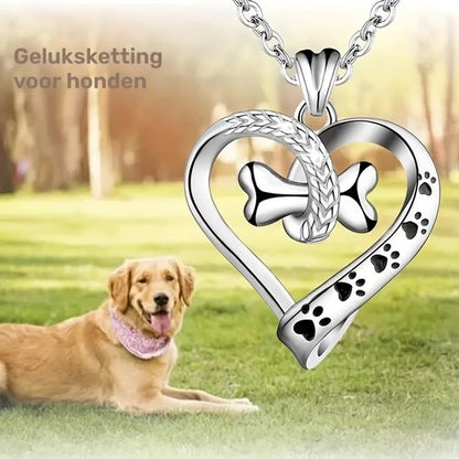 Sjika - Honden Ketting Dames – Hart Ketting met Pootjes & Bot – Zilveren Huisdier Ketting – Cadeau voor Hondenliefhebber - Cadeau voor haar