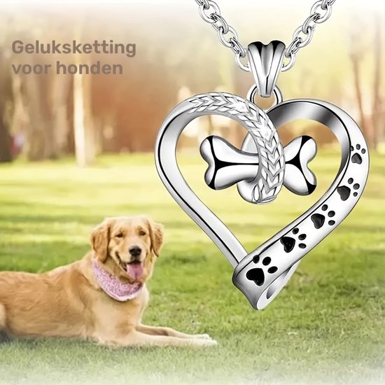 Sjika - Honden Ketting Dames – Hart Ketting met Pootjes & Bot – Zilveren Huisdier Ketting – Cadeau voor Hondenliefhebber - Cadeau voor haar