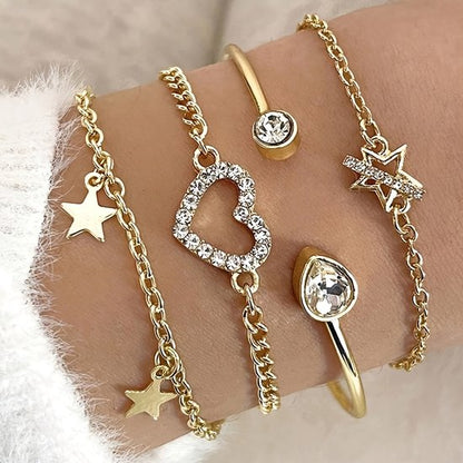 Sjika - Gouden Armbandenset Dames – 5 Delige Set met Hartje, Sterren & Zirkonia – Luxe Layered Armbanden – Verstelbaar - Cadeau voor haar