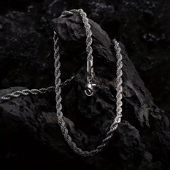 Sjika - Zilverkleurige Rope Chain Heren Ketting – 3 mm – RVS – Gedraaide touwschakel – Stoere & stijlvolle heren ketting - Cadeau voor hem