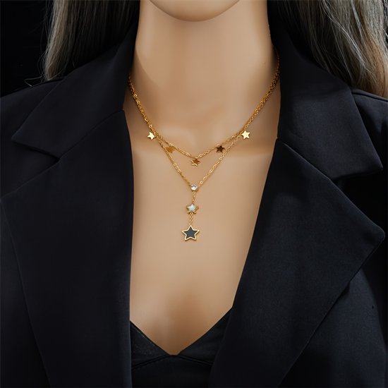 Sjika - Gold plated ketting met sterren – Luxe damesketting met kristal – Dubbele laag & trendy design – Hypoallergeen