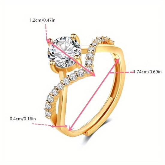 Sjika - Gold plated ring met grote zirkonia – Luxe damesring - One Size – Fonkelend & elegant design – Perfect cadeau of verlovingsring