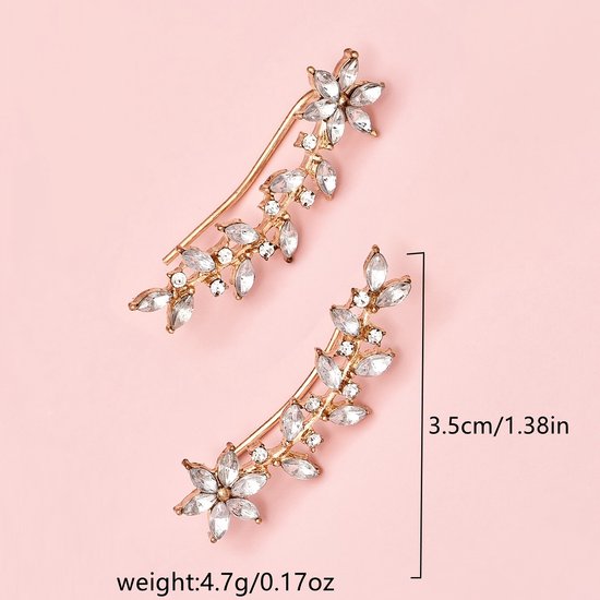 Sjika - Elegante Crystal Ear Cuff – Bladdesign – Gold Plated – Luxe Ear Climber – Zonder gaatje – Comfortabel & Lichtgewicht - Cadeau voor haar