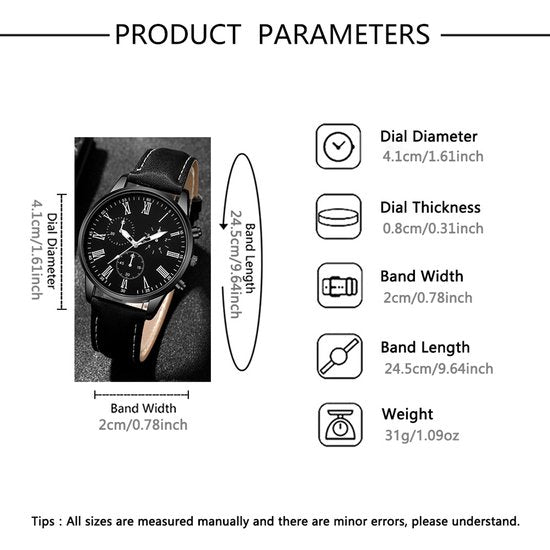 Sjika - Heren Horloge & Armbanden Set – Zwart – Leren Band – Mode Accessoire Set – Trendy & Klassiek – Cadeau voor Mannen